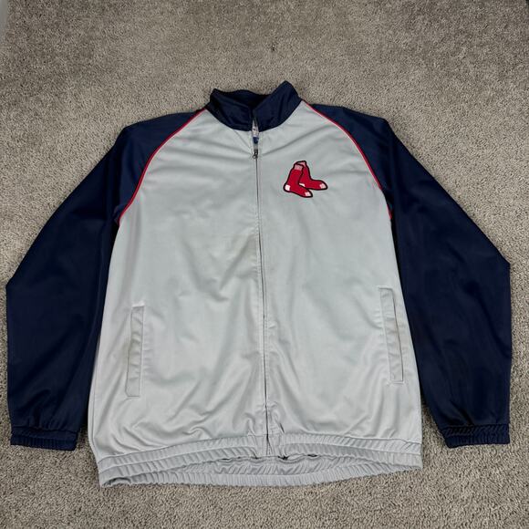 Boston Red Sox Jacket Mens L Gray Navy Baseball Zip Windbreaker Track Coat READ - Picture 2 of 15